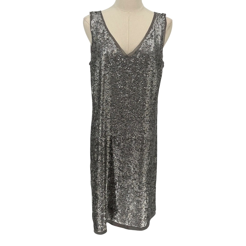 Talbots Sequin Shift Dress Silver V-Neck Sleeveless Cocktail Size 10